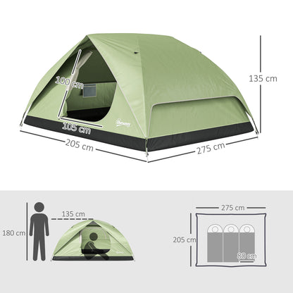 Family Camping Tent for 3 People, Waterproof Dome Tent 3000mm with Charging Port, Pockets, Lantern Hook, and Carry Bag, Green