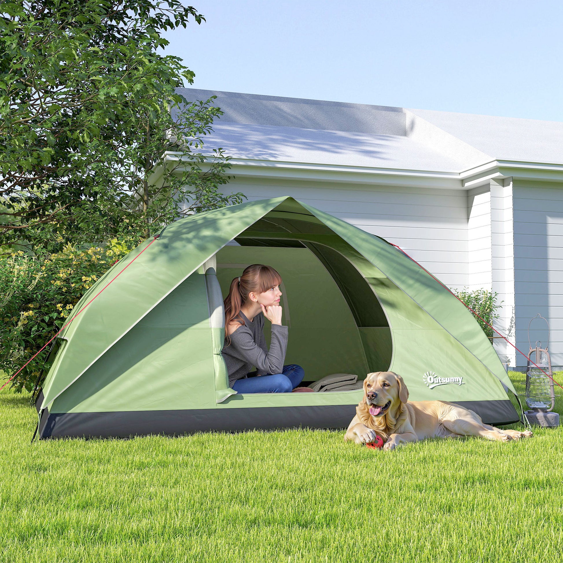 Family Camping Tent for 3 People, Waterproof Dome Tent 3000mm with Charging Port, Pockets, Lantern Hook, and Carry Bag, Green