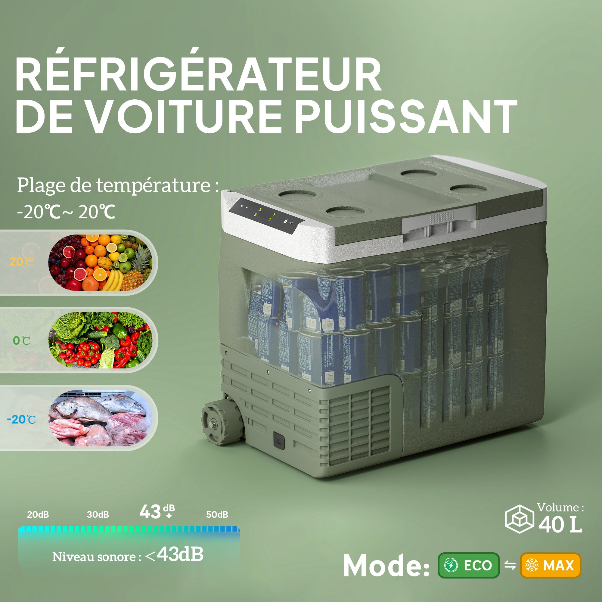Portable Electric Cooler 40 L, Portable Car Freezer and Refrigerator 12/24V, with ECO/MAX modes, -20°C to 20°C, telescopic handle, for truck, camping, green