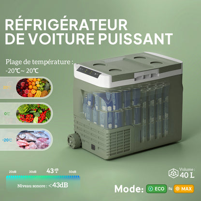 Portable Electric Cooler 40 L, Portable Car Freezer and Refrigerator 12/24V, with ECO/MAX modes, -20°C to 20°C, telescopic handle, for truck, camping, green