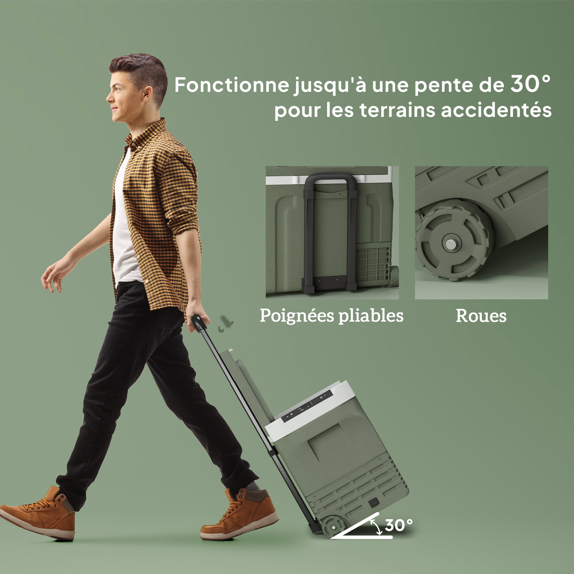Portable Electric Cooler 40 L, Portable Car Freezer and Refrigerator 12/24V, with ECO/MAX modes, -20°C to 20°C, telescopic handle, for truck, camping, green