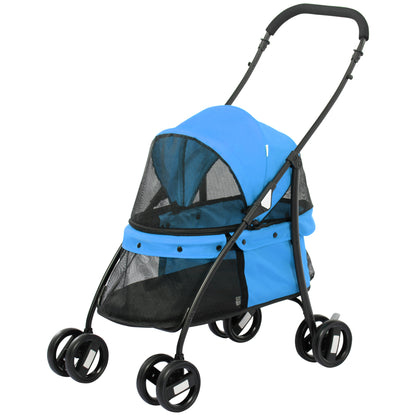 Dog Stroller Pet Pram with Cushion Mesh Window, Foldable Cat Carriage Up to 10 kg with 2 Safety Leashes, Dog Trolley, Oxford Fabric, Blue