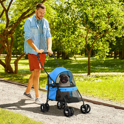 Dog Stroller Pet Pram with Cushion Mesh Window, Foldable Cat Carriage Up to 10 kg with 2 Safety Leashes, Dog Trolley, Oxford Fabric, Blue