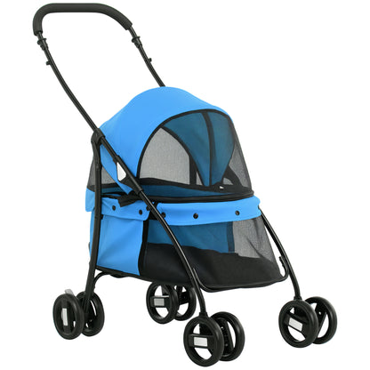 Dog Stroller Pet Pram with Cushion Mesh Window, Foldable Cat Carriage Up to 10 kg with 2 Safety Leashes, Dog Trolley, Oxford Fabric, Blue