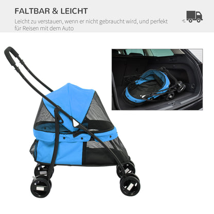 Dog Stroller Pet Pram with Cushion Mesh Window, Foldable Cat Carriage Up to 10 kg with 2 Safety Leashes, Dog Trolley, Oxford Fabric, Blue