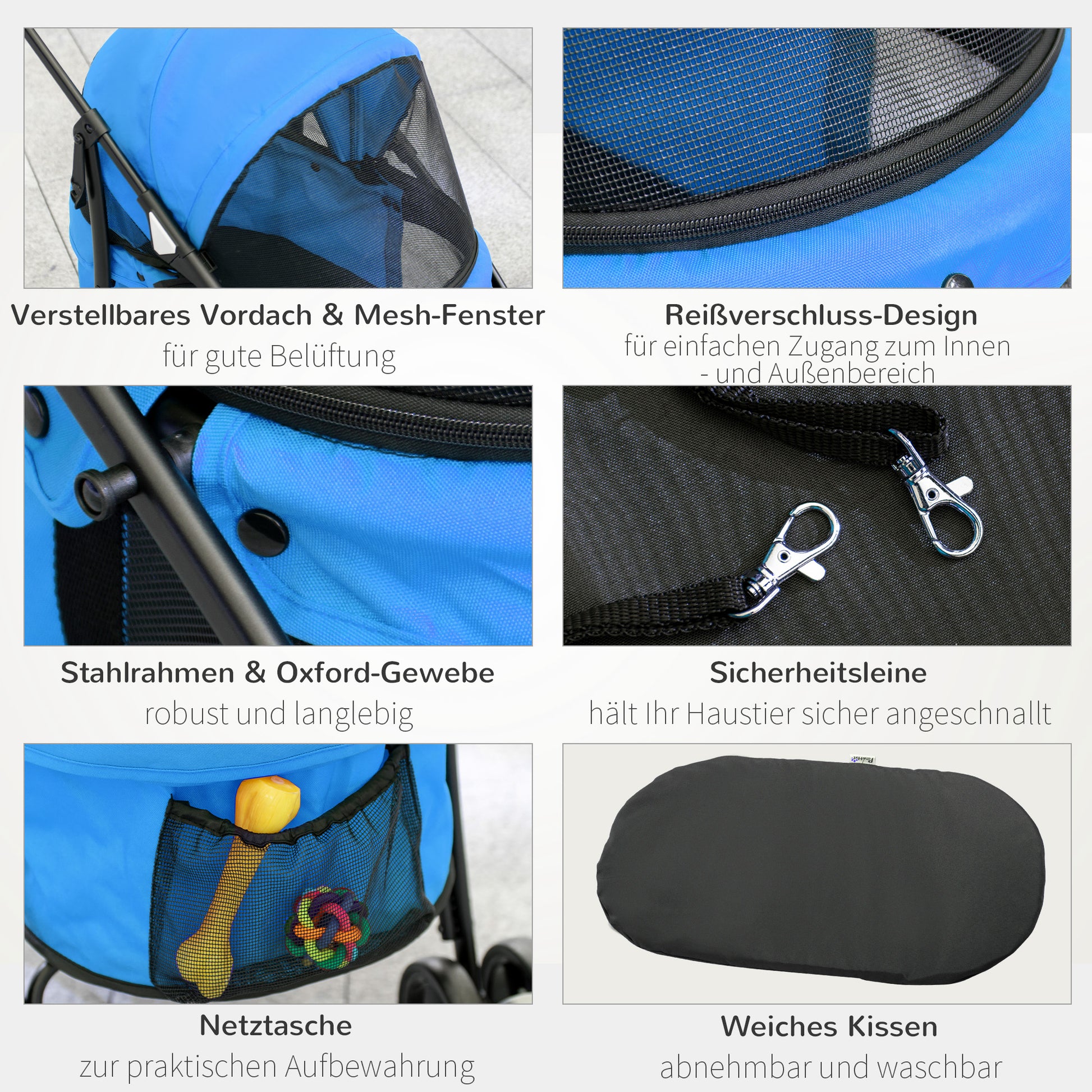 Dog Stroller Pet Pram with Cushion Mesh Window, Foldable Cat Carriage Up to 10 kg with 2 Safety Leashes, Dog Trolley, Oxford Fabric, Blue