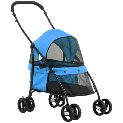 Dog Stroller Pet Pram with Cushion Mesh Window, Foldable Cat Carriage Up to 10 kg with 2 Safety Leashes, Dog Trolley, Oxford Fabric, Blue