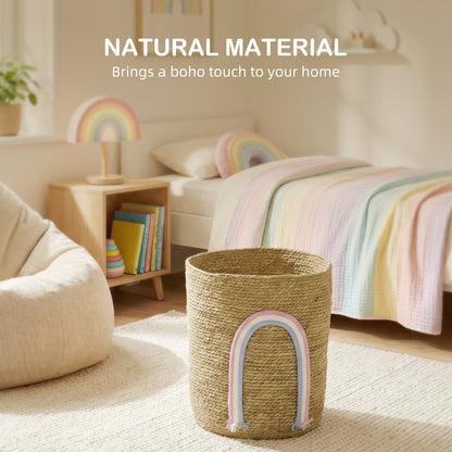 Woven Seagrass Storage Basket with Rainbow Accent — Natural, 12 x 12 x 14 in