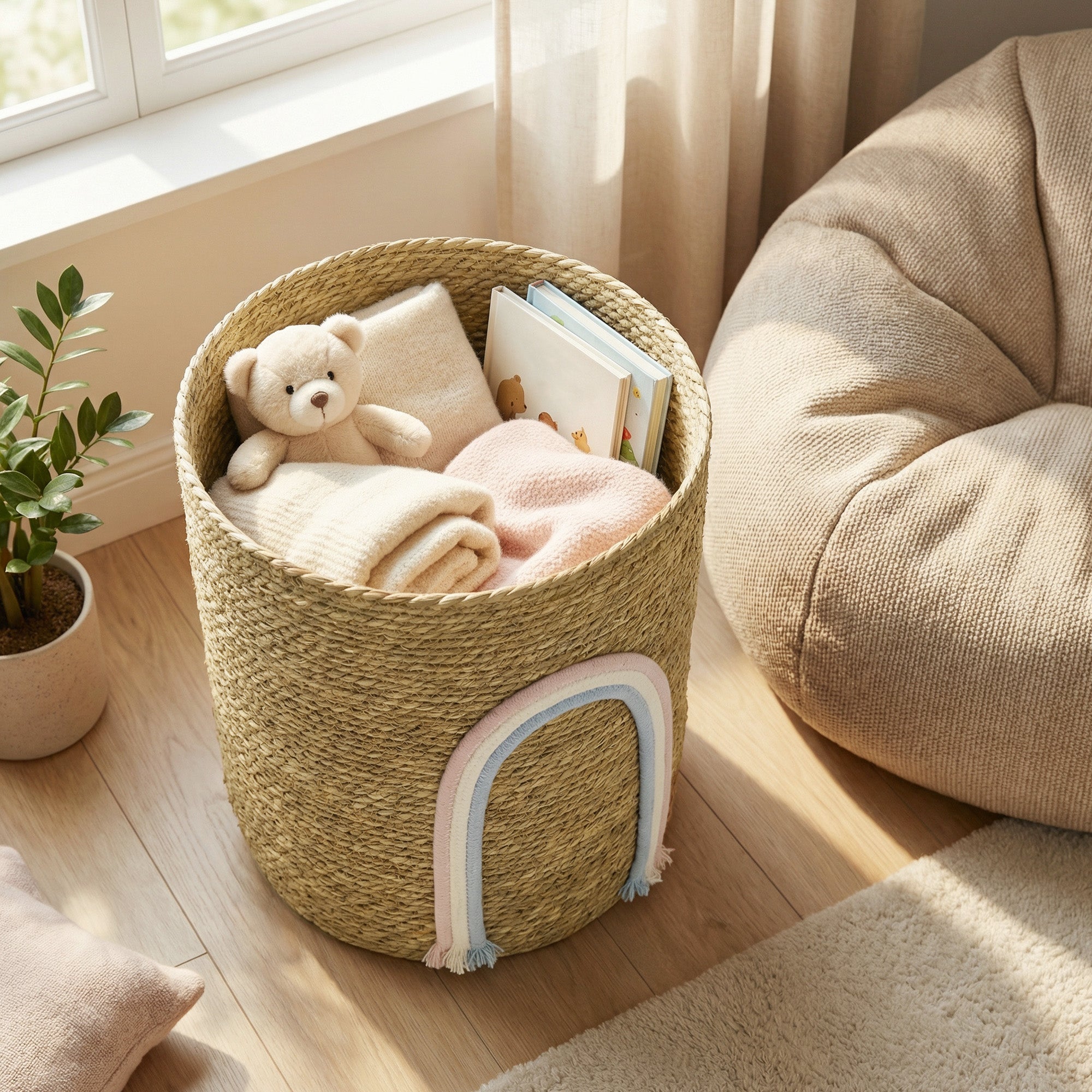 Woven Seagrass Storage Basket with Rainbow Accent — Natural, 12 x 12 x 14 in