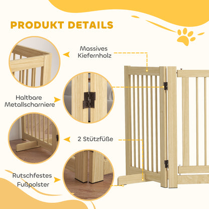 Dog Barrier Freestanding Safety Gate with Feet 204 x 75 cm Wood Dog Gate Stair Gate Door Gate Stair Gate for Stairs, Doors, Kitchen, Hallway, 4 Panels, Natural