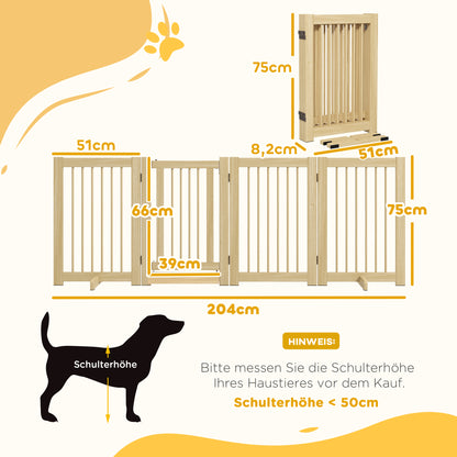 Dog Barrier Freestanding Safety Gate with Feet 204 x 75 cm Wood Dog Gate Stair Gate Door Gate Stair Gate for Stairs, Doors, Kitchen, Hallway, 4 Panels, Natural