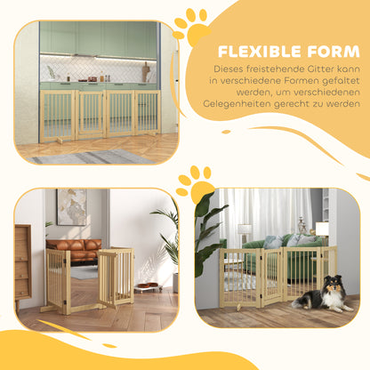 Dog Barrier Freestanding Safety Gate with Feet 204 x 75 cm Wood Dog Gate Stair Gate Door Gate Stair Gate for Stairs, Doors, Kitchen, Hallway, 4 Panels, Natural
