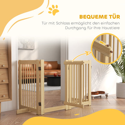 Dog Barrier Freestanding Safety Gate with Feet 204 x 75 cm Wood Dog Gate Stair Gate Door Gate Stair Gate for Stairs, Doors, Kitchen, Hallway, 4 Panels, Natural