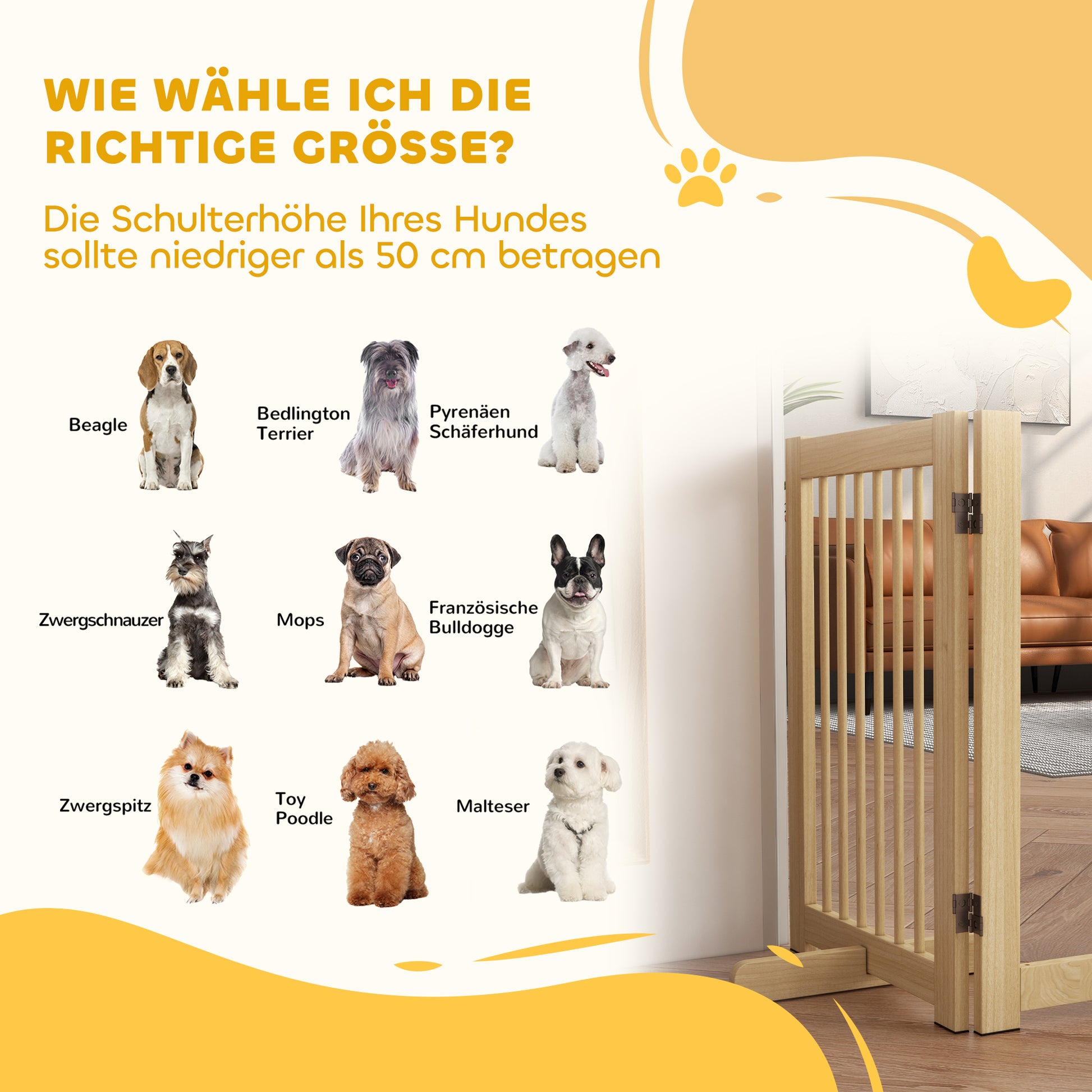 Dog Barrier Freestanding Safety Gate with Feet 204 x 75 cm Wood Dog Gate Stair Gate Door Gate Stair Gate for Stairs, Doors, Kitchen, Hallway, 4 Panels, Natural