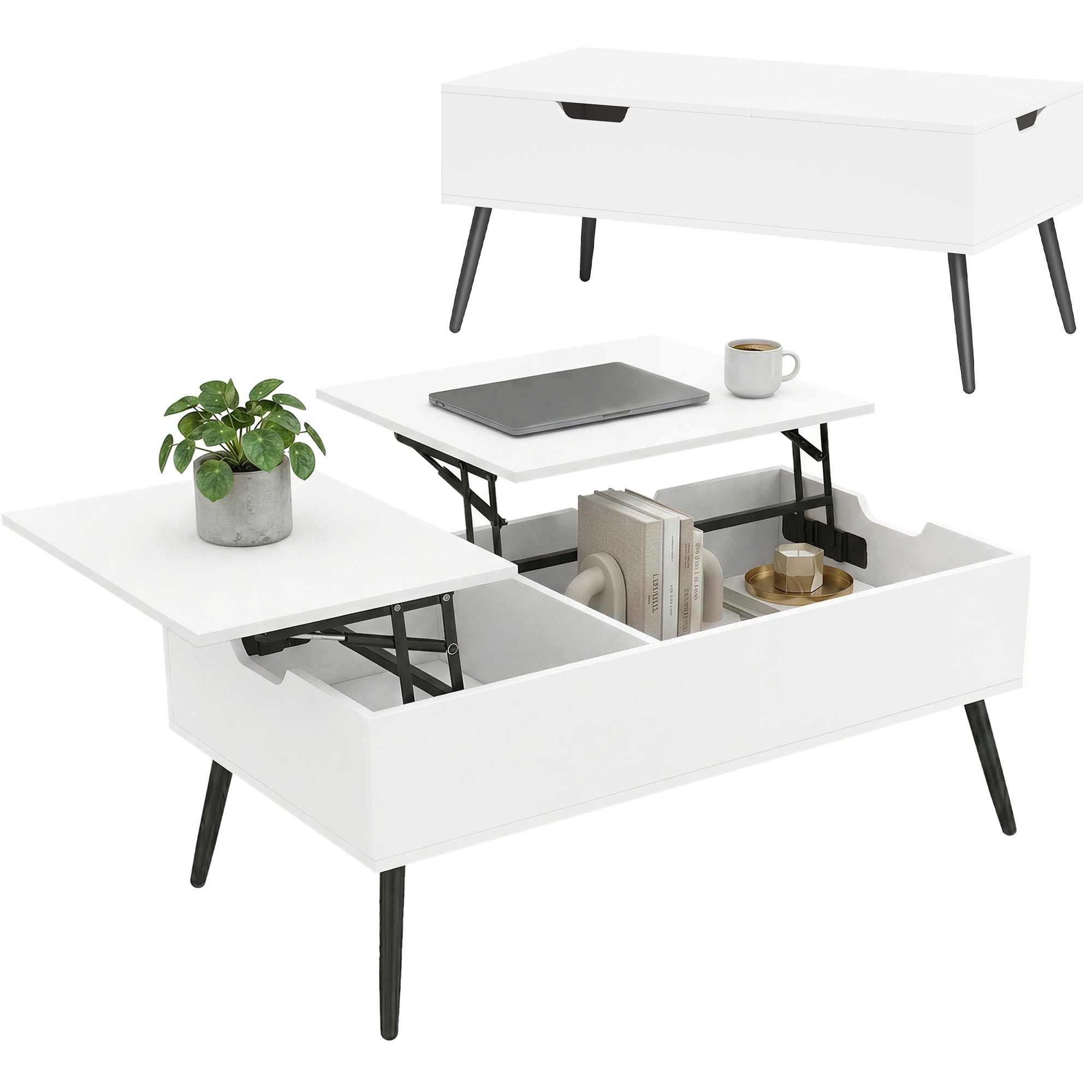 Lift-Top Coffee Table with Dual Tops & Hidden Compartment, Modern Metal-Leg Living Room Table for Home & Office — 39.4 x 19.7 x 17.2–22.8 in (100 x 50 x 43.6–58 cm), White