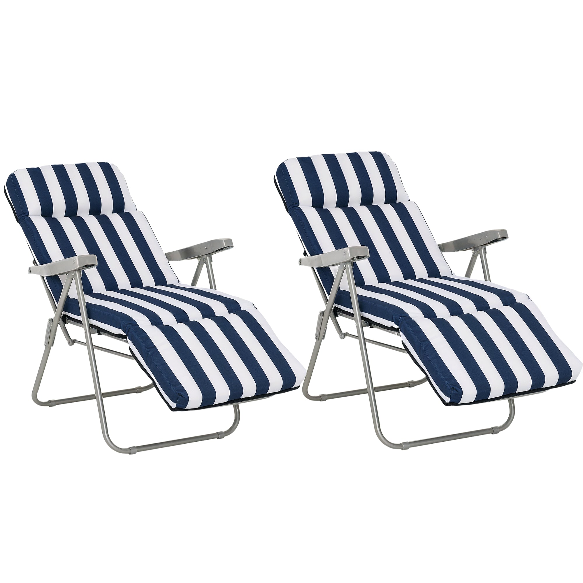 2 x Folding Chairs Garden Chair Sun Lounger Armrest Foldable 5 Positions Cushion Blue 60 x 75 x 102 cm