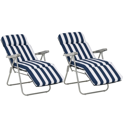 2 x Folding Chairs Garden Chair Sun Lounger Armrest Foldable 5 Positions Cushion Blue 60 x 75 x 102 cm
