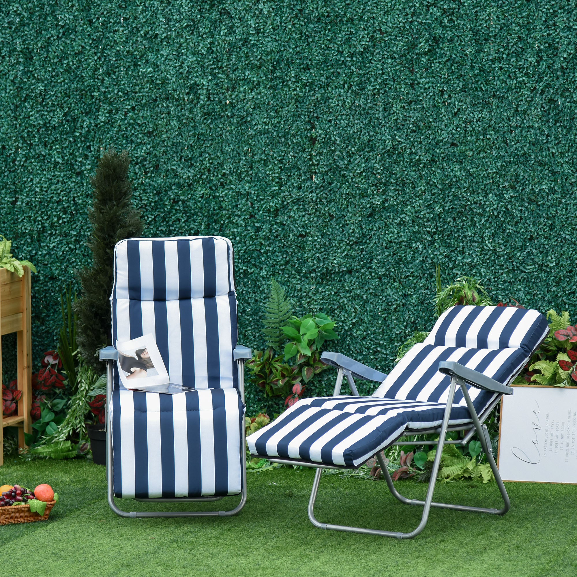 2 x Folding Chairs Garden Chair Sun Lounger Armrest Foldable 5 Positions Cushion Blue 60 x 75 x 102 cm