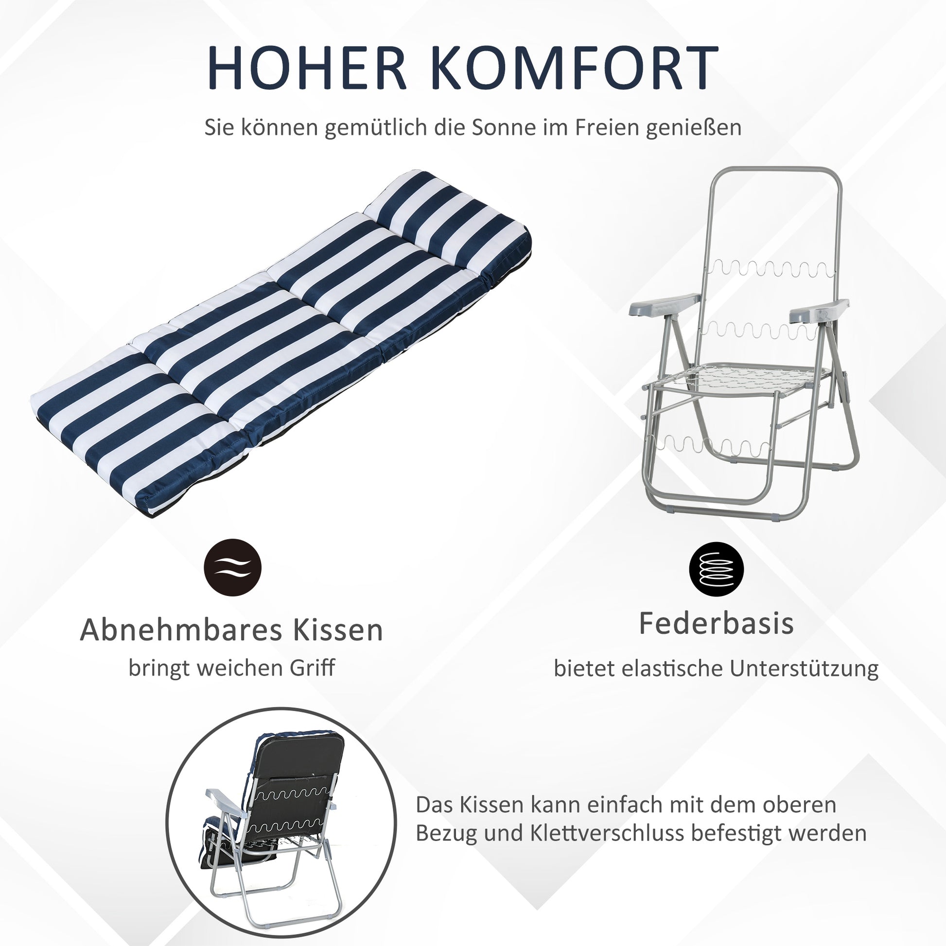 2 x Folding Chairs Garden Chair Sun Lounger Armrest Foldable 5 Positions Cushion Blue 60 x 75 x 102 cm