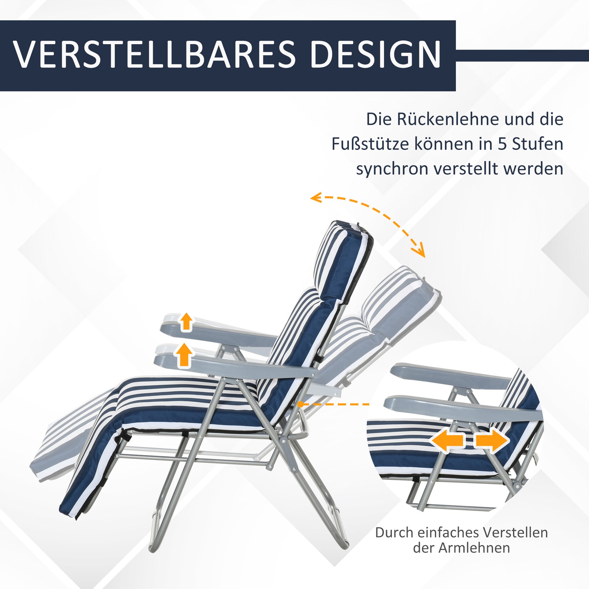 2 x Folding Chairs Garden Chair Sun Lounger Armrest Foldable 5 Positions Cushion Blue 60 x 75 x 102 cm