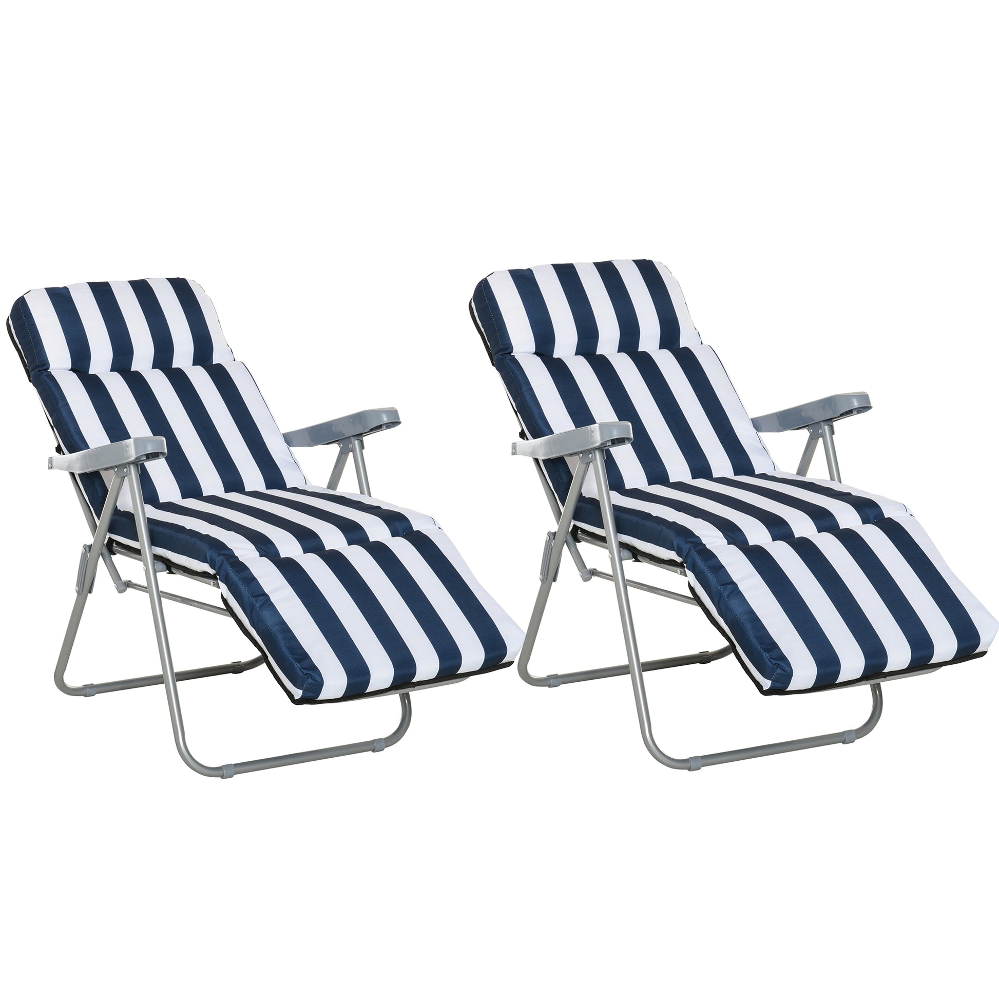 2 x Folding Chairs Garden Chair Sun Lounger Armrest Foldable 5 Positions Cushion Blue 60 x 75 x 102 cm
