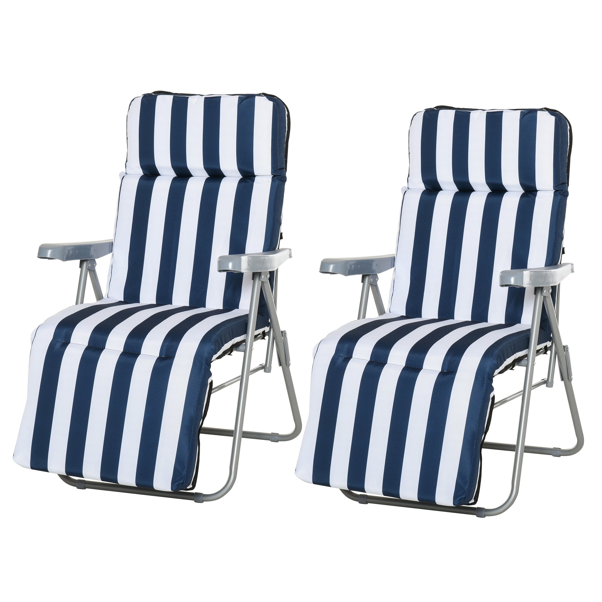 2 x Folding Chairs Garden Chair Sun Lounger Armrest Foldable 5 Positions Cushion Blue 60 x 75 x 102 cm