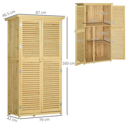 Wooden Garden Tool Shed in Fir and Pine Wood with 4 Compartments, Outdoor Garden Tool Storage Cabinet with Waterproof Roof, 87x46.5x160cm, Wood Color
