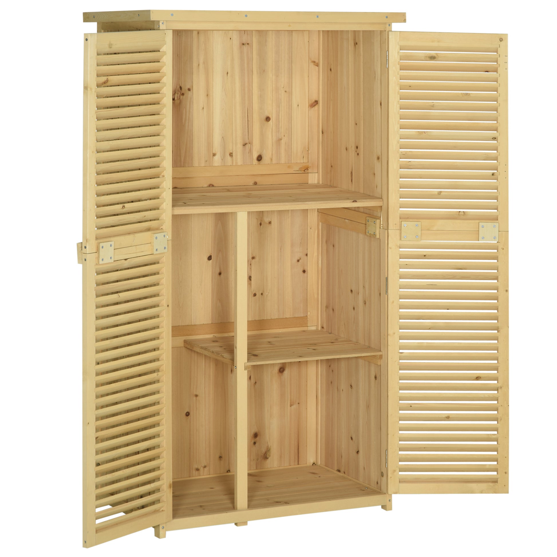 Wooden Garden Tool Shed in Fir and Pine Wood with 4 Compartments, Outdoor Garden Tool Storage Cabinet with Waterproof Roof, 87x46.5x160cm, Wood Color