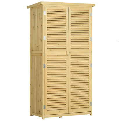 Wooden Garden Tool Shed in Fir and Pine Wood with 4 Compartments, Outdoor Garden Tool Storage Cabinet with Waterproof Roof, 87x46.5x160cm, Wood Color