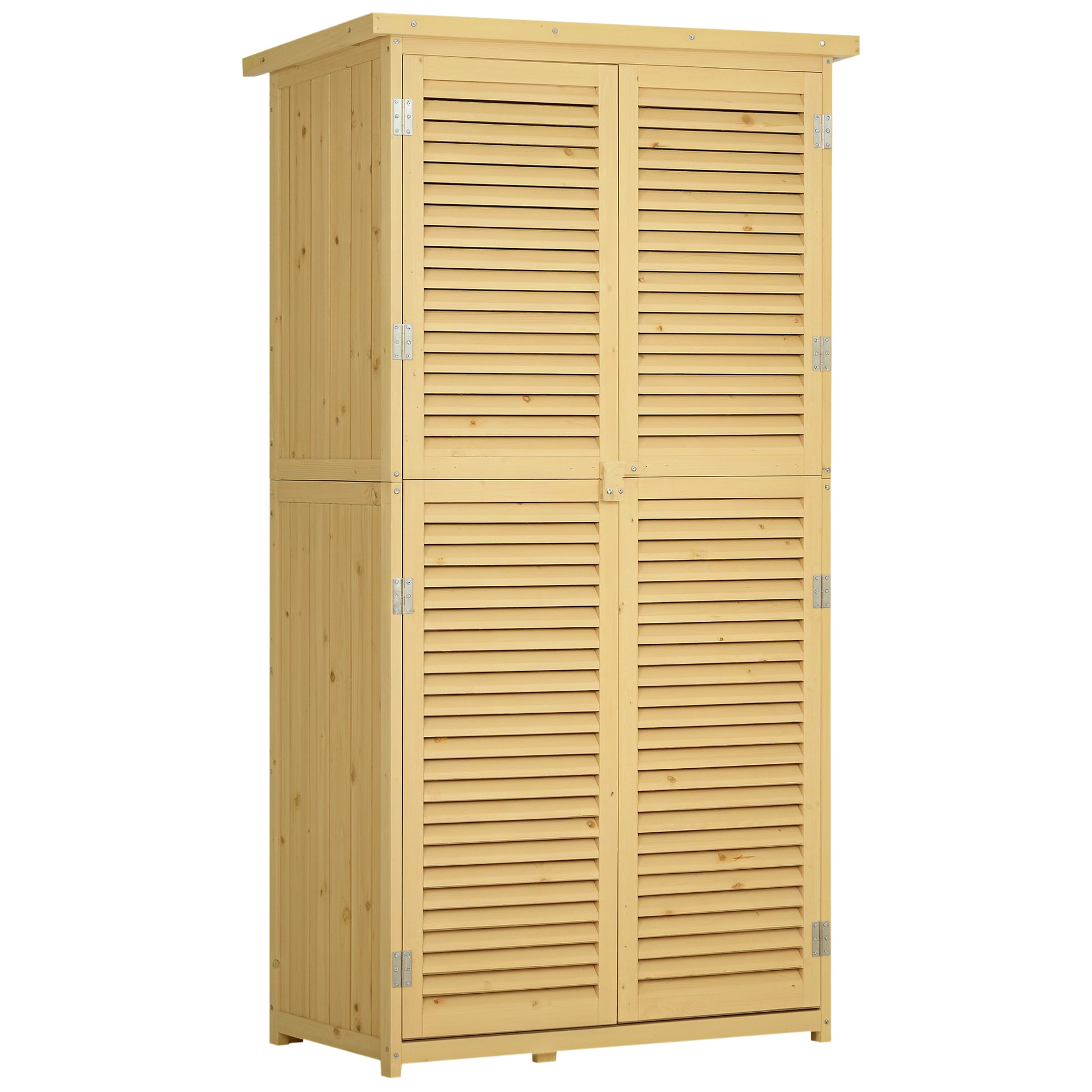 Wooden Garden Tool Shed in Fir and Pine Wood with 4 Compartments, Outdoor Garden Tool Storage Cabinet with Waterproof Roof, 87x46.5x160cm, Wood Color