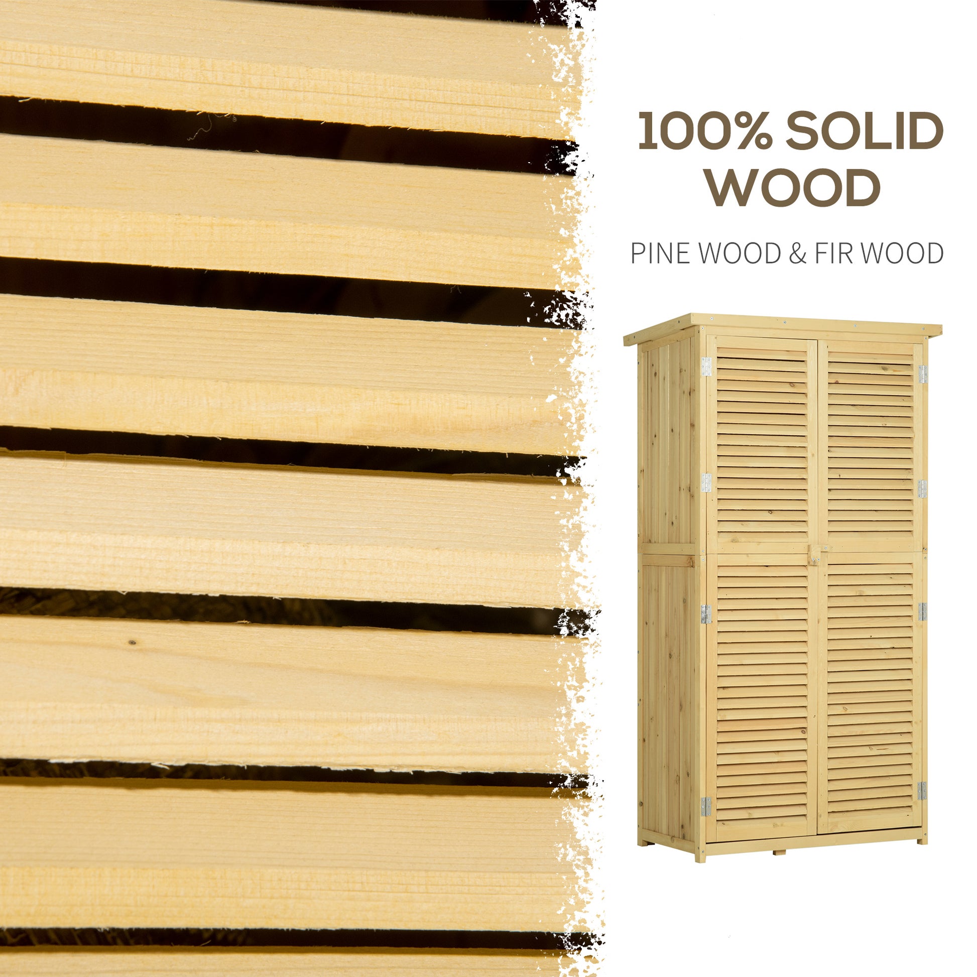 Wooden Garden Tool Shed in Fir and Pine Wood with 4 Compartments, Outdoor Garden Tool Storage Cabinet with Waterproof Roof, 87x46.5x160cm, Wood Color
