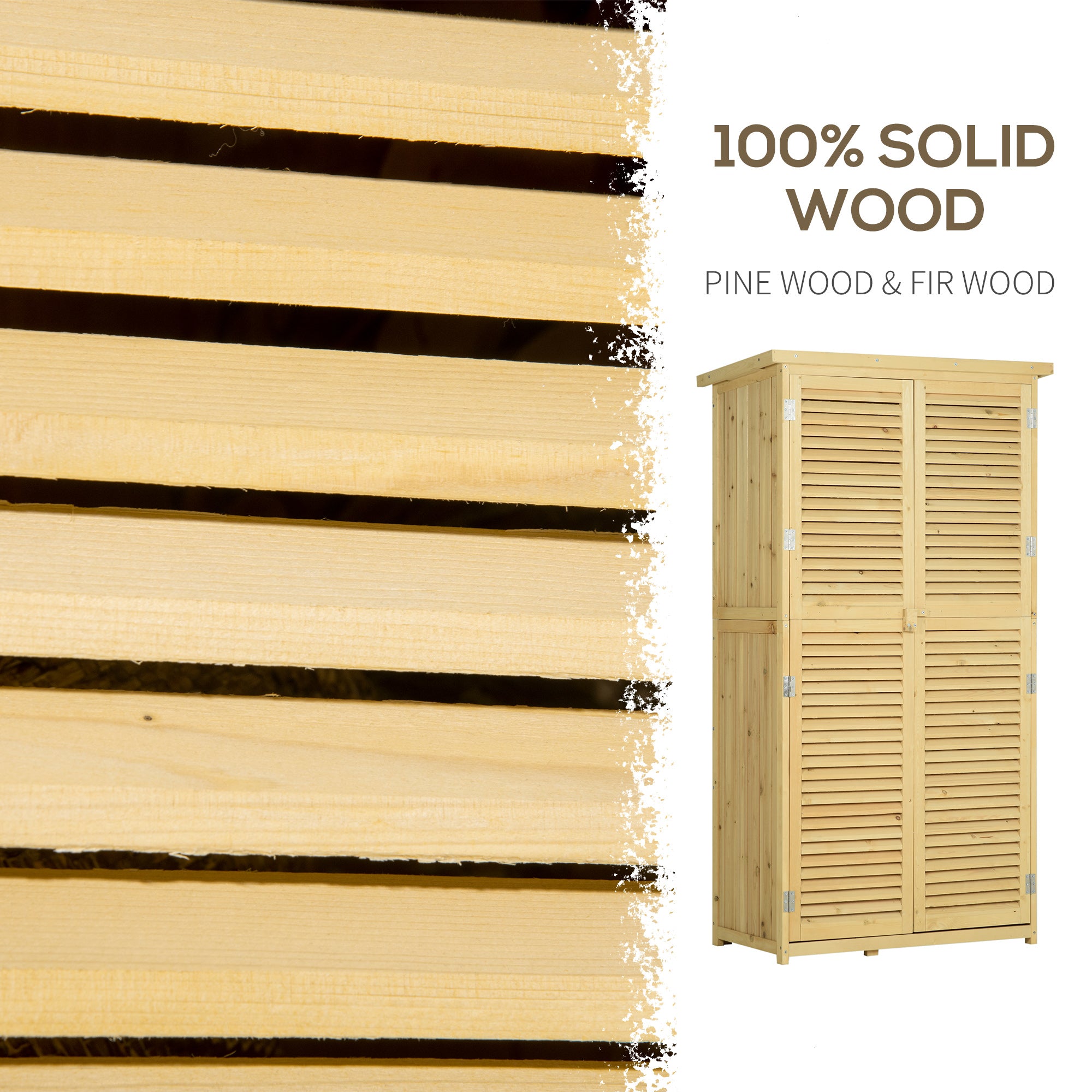 Wooden Garden Tool Shed in Fir and Pine Wood with 4 Compartments, Outdoor Garden Tool Storage Cabinet with Waterproof Roof, 87x46.5x160cm, Wood Color