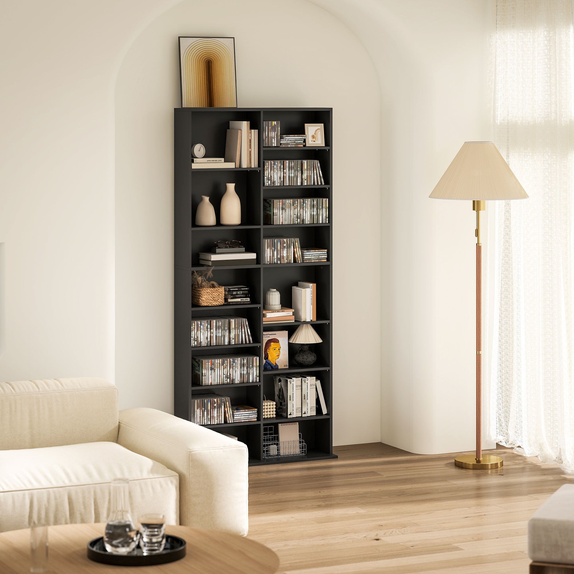 18-Shelf Modern CD Bookshelf for 640 CDs, Chipboard CD Storage Cabinet, 78.5x24x175 cm, Black