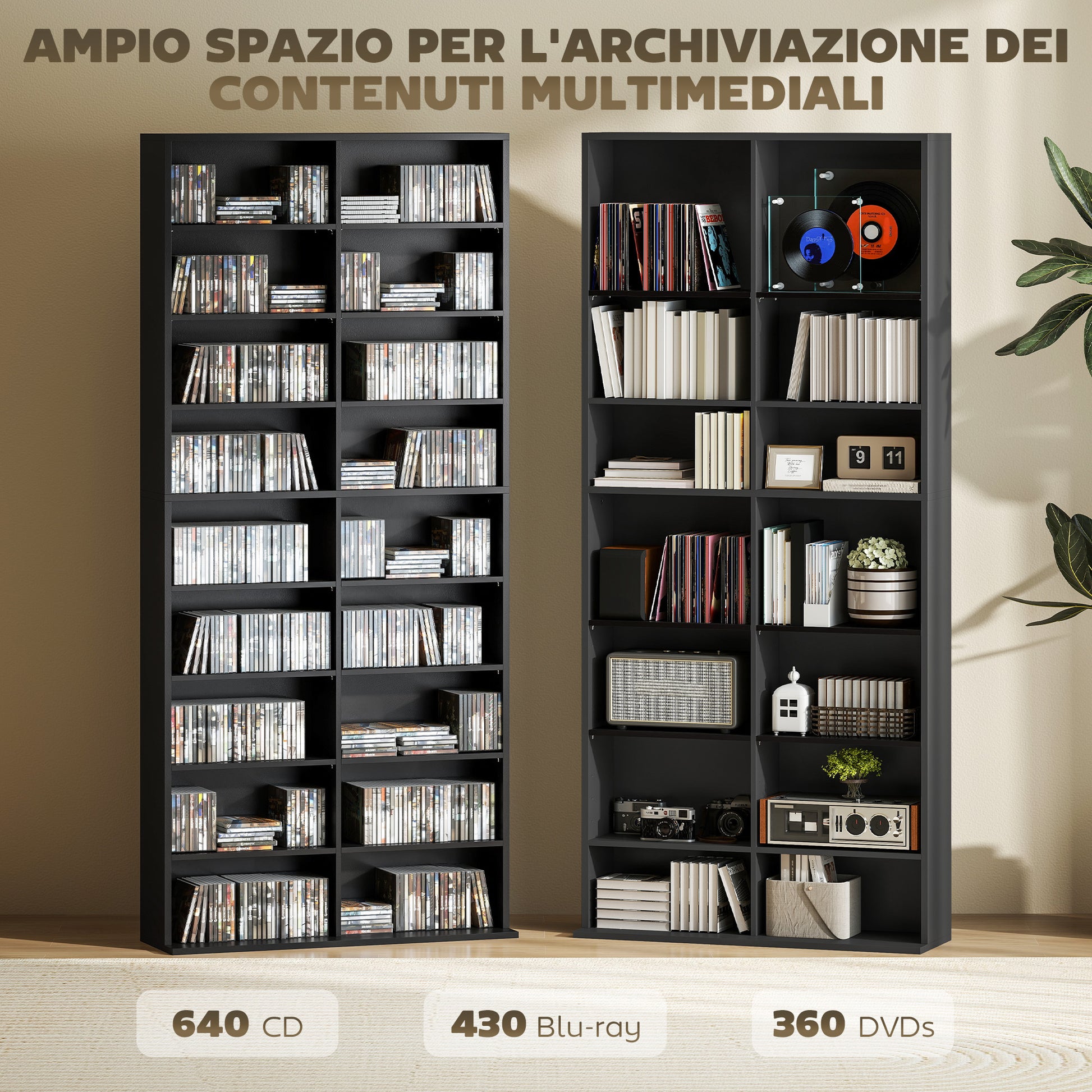 18-Shelf Modern CD Bookshelf for 640 CDs, Chipboard CD Storage Cabinet, 78.5x24x175 cm, Black