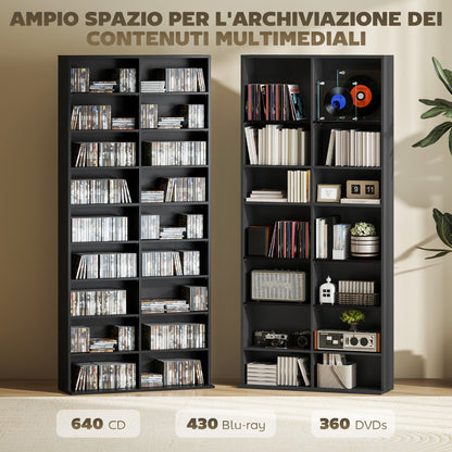 18-Shelf Modern CD Bookshelf for 640 CDs, Chipboard CD Storage Cabinet, 78.5x24x175 cm, Black