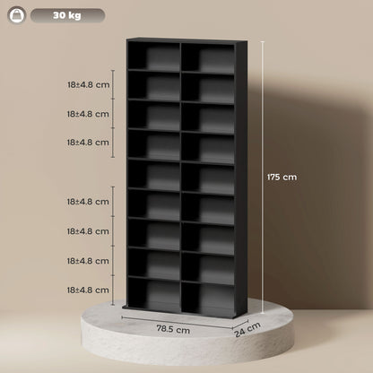 18-Shelf Modern CD Bookshelf for 640 CDs, Chipboard CD Storage Cabinet, 78.5x24x175 cm, Black