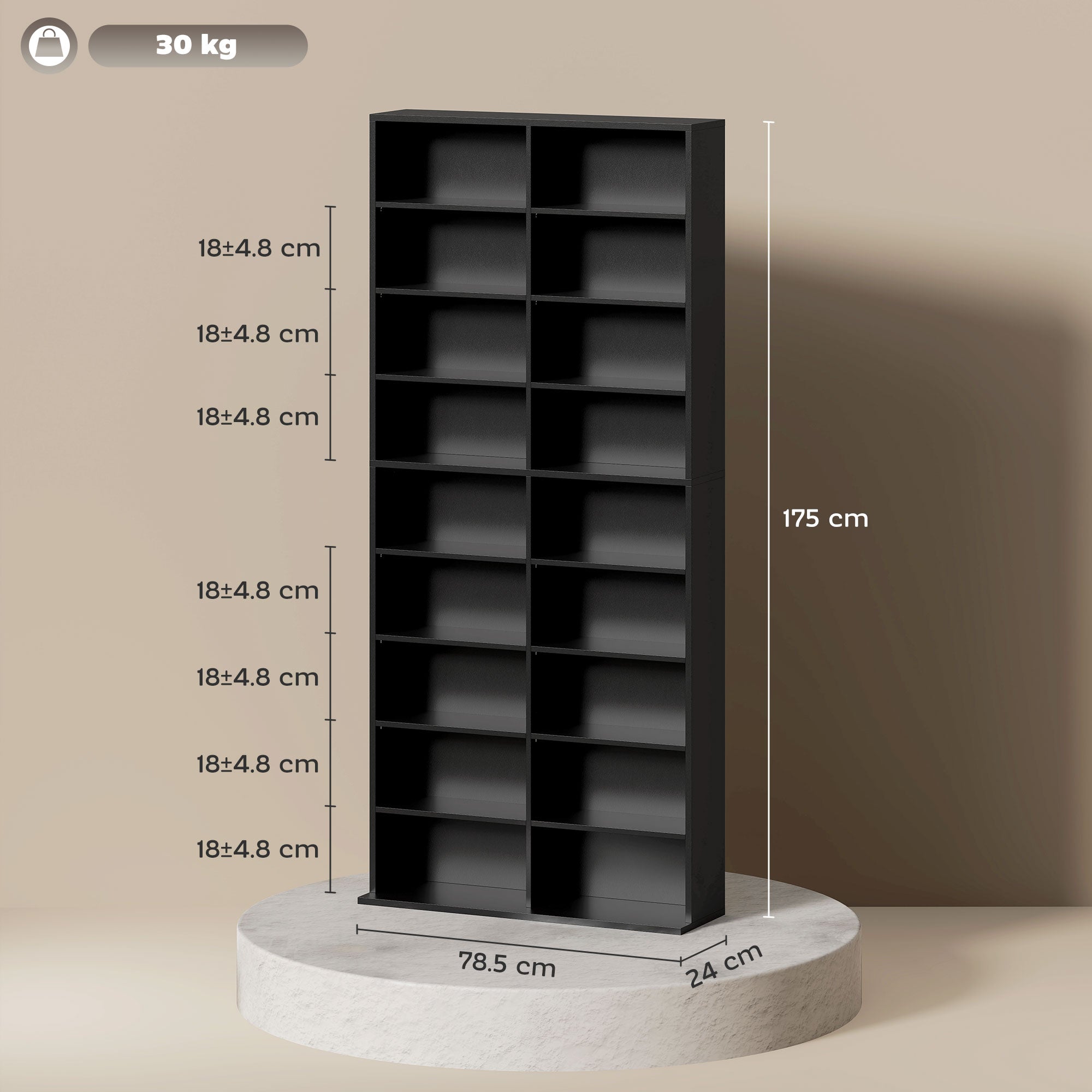 18-Shelf Modern CD Bookshelf for 640 CDs, Chipboard CD Storage Cabinet, 78.5x24x175 cm, Black