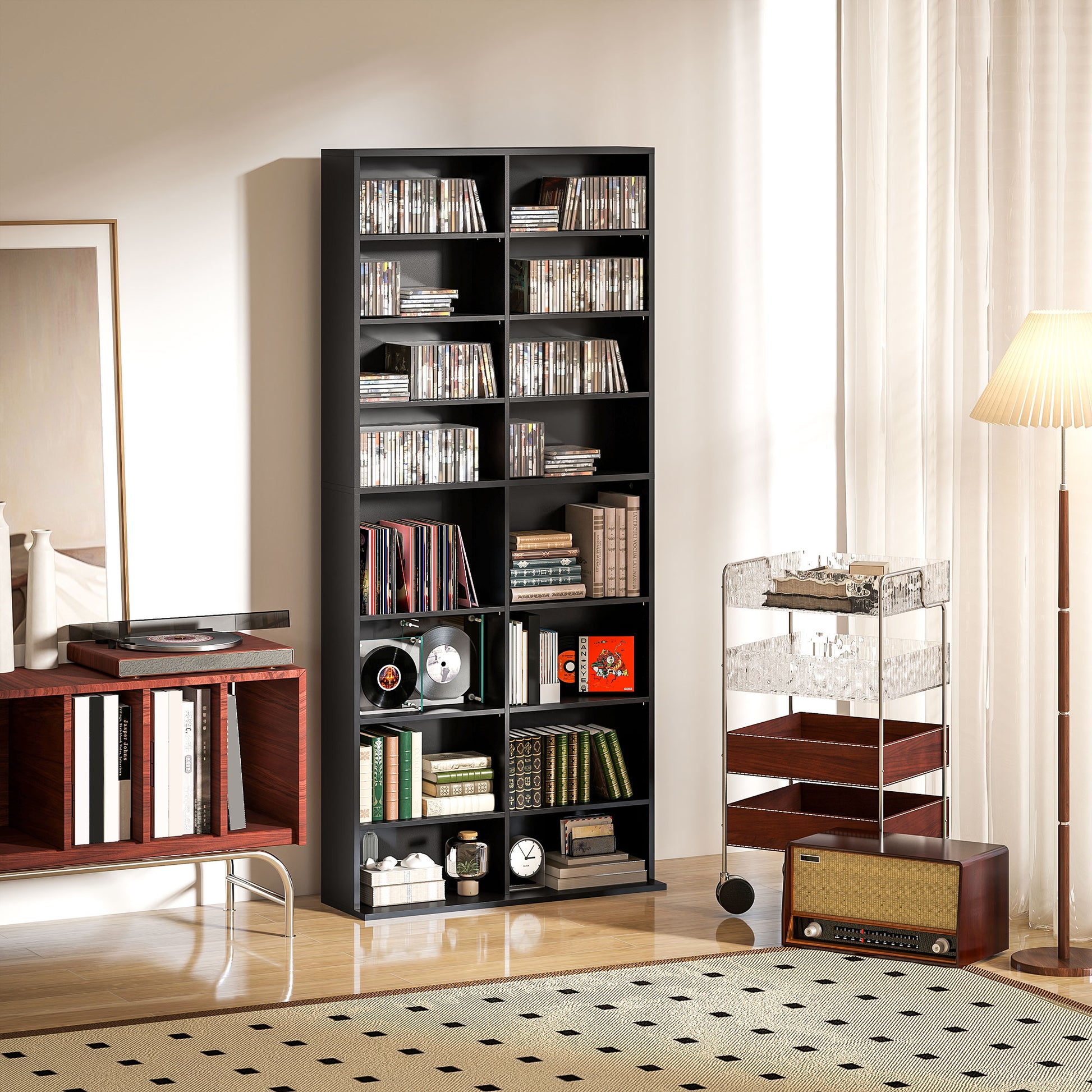 18-Shelf Modern CD Bookshelf for 640 CDs, Chipboard CD Storage Cabinet, 78.5x24x175 cm, Black