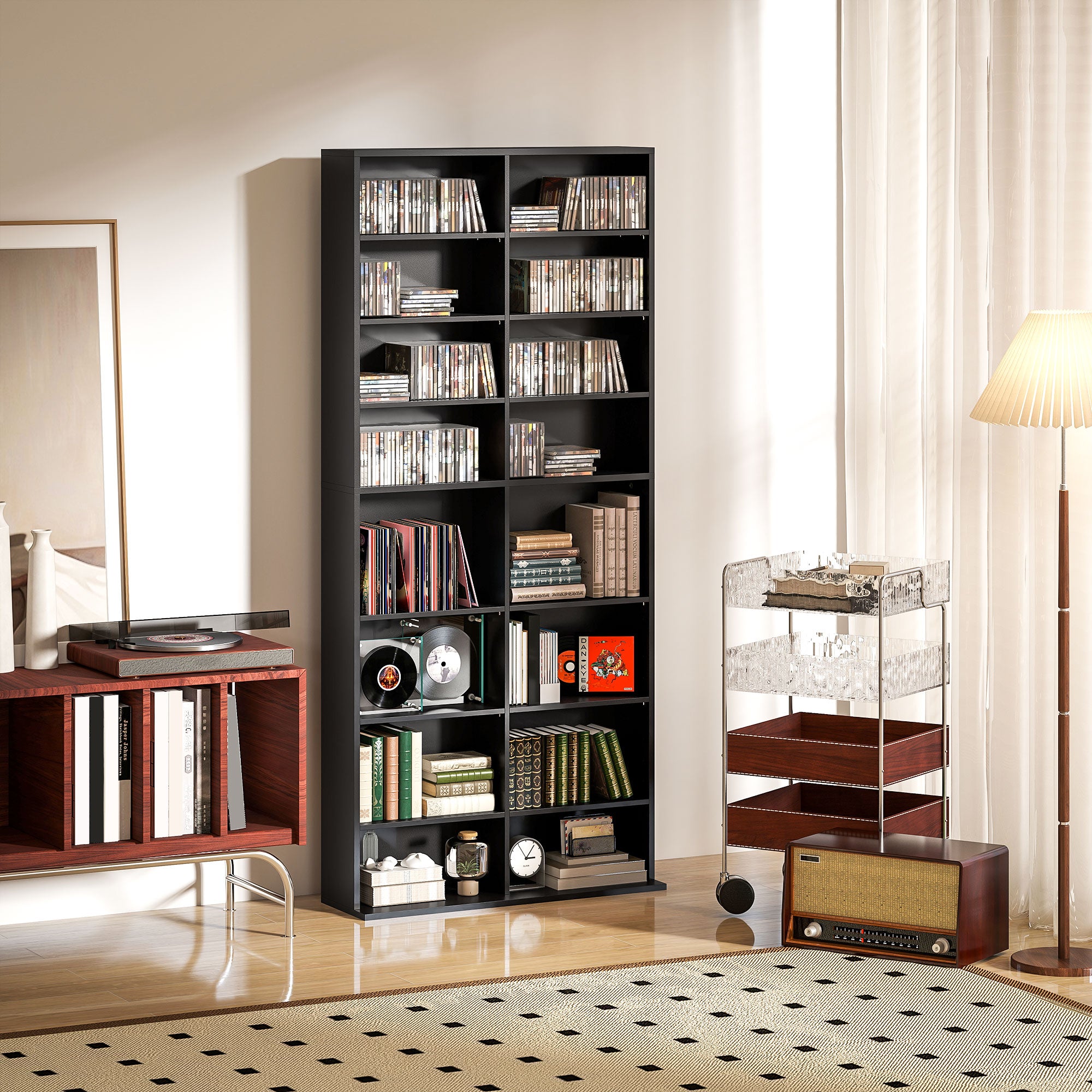 18-Shelf Modern CD Bookshelf for 640 CDs, Chipboard CD Storage Cabinet, 78.5x24x175 cm, Black