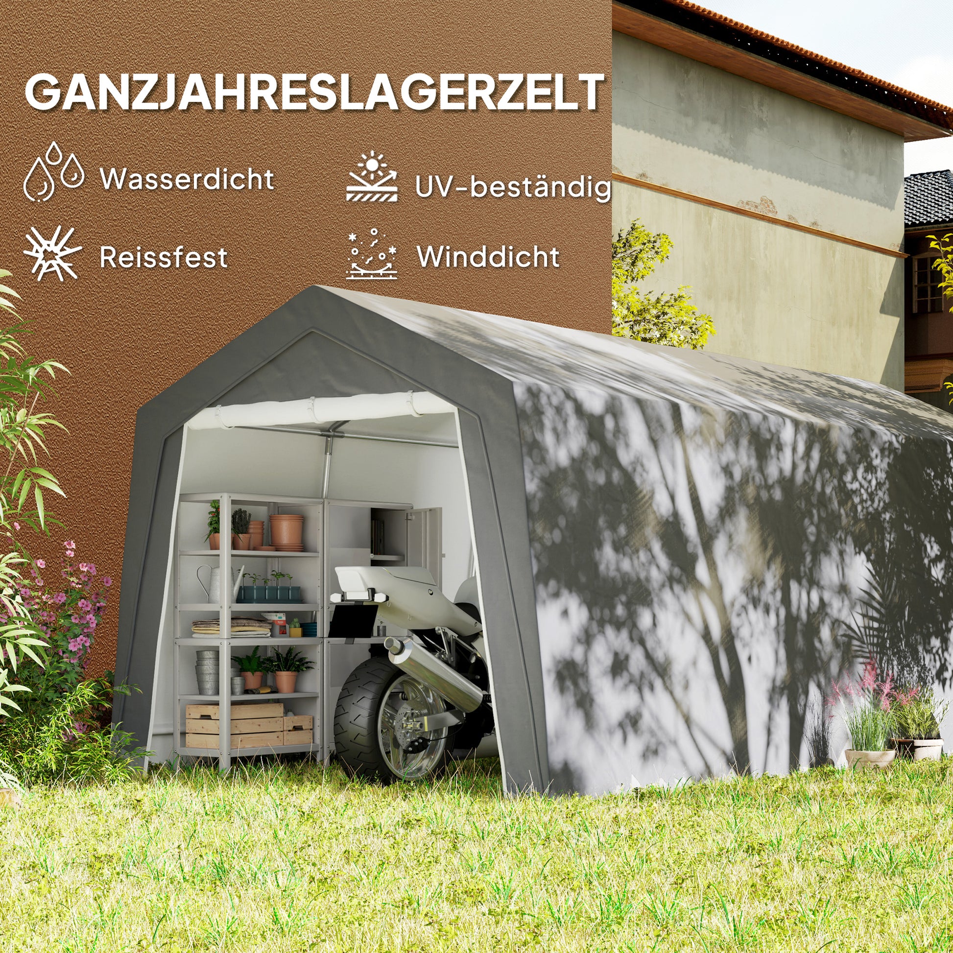 Garage Tent, Waterproof Storage Tent with Doors, Windows, Anti-Dust Bike Cover, Equipment House, Equipment Tent Shed for Outdoor, Patio, Garden, approx. 300 x 600 x 250 cm, Light gray
