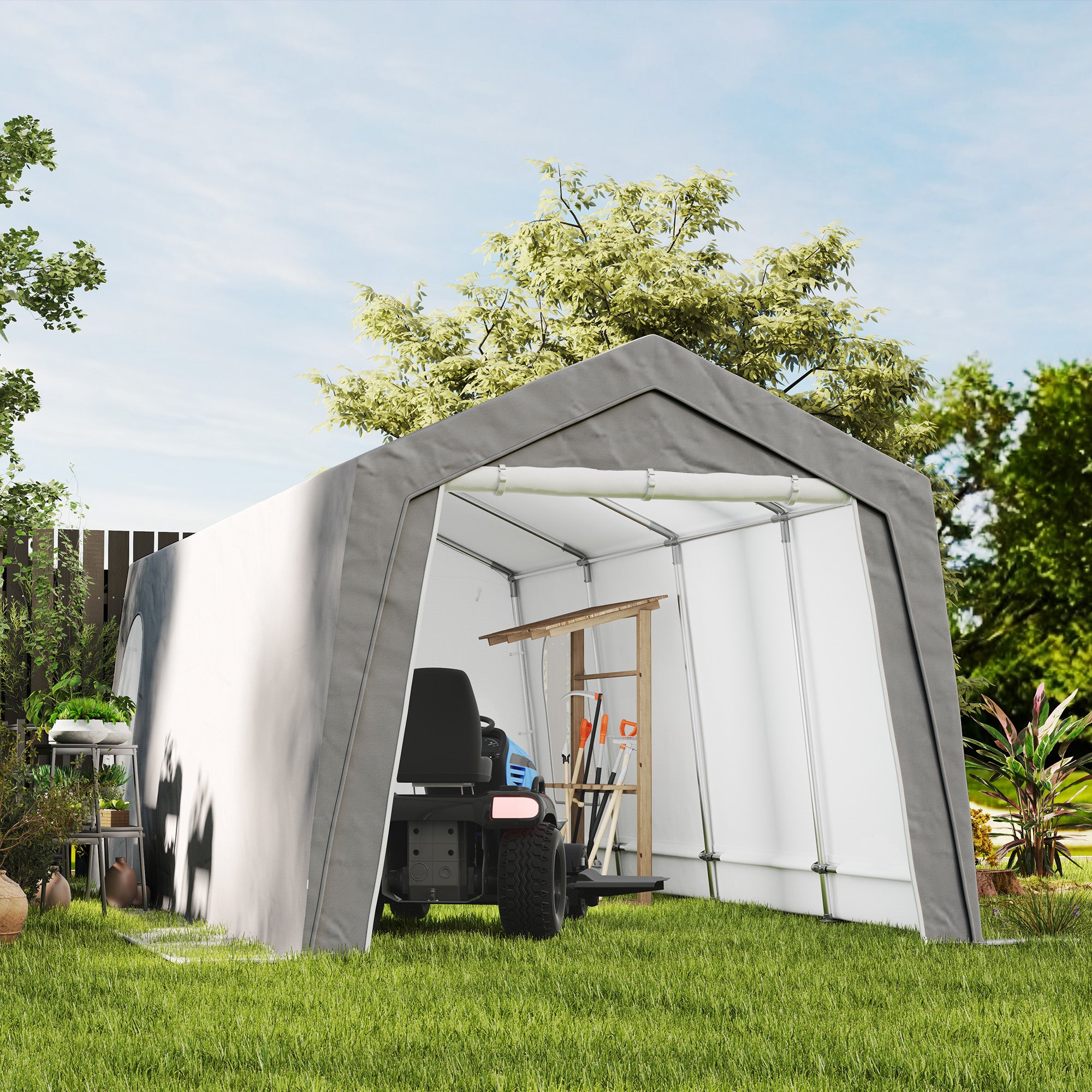 Garage Tent, Waterproof Storage Tent with Doors, Windows, Anti-Dust Bike Cover, Equipment House, Equipment Tent Shed for Outdoor, Patio, Garden, approx. 300 x 600 x 250 cm, Light gray