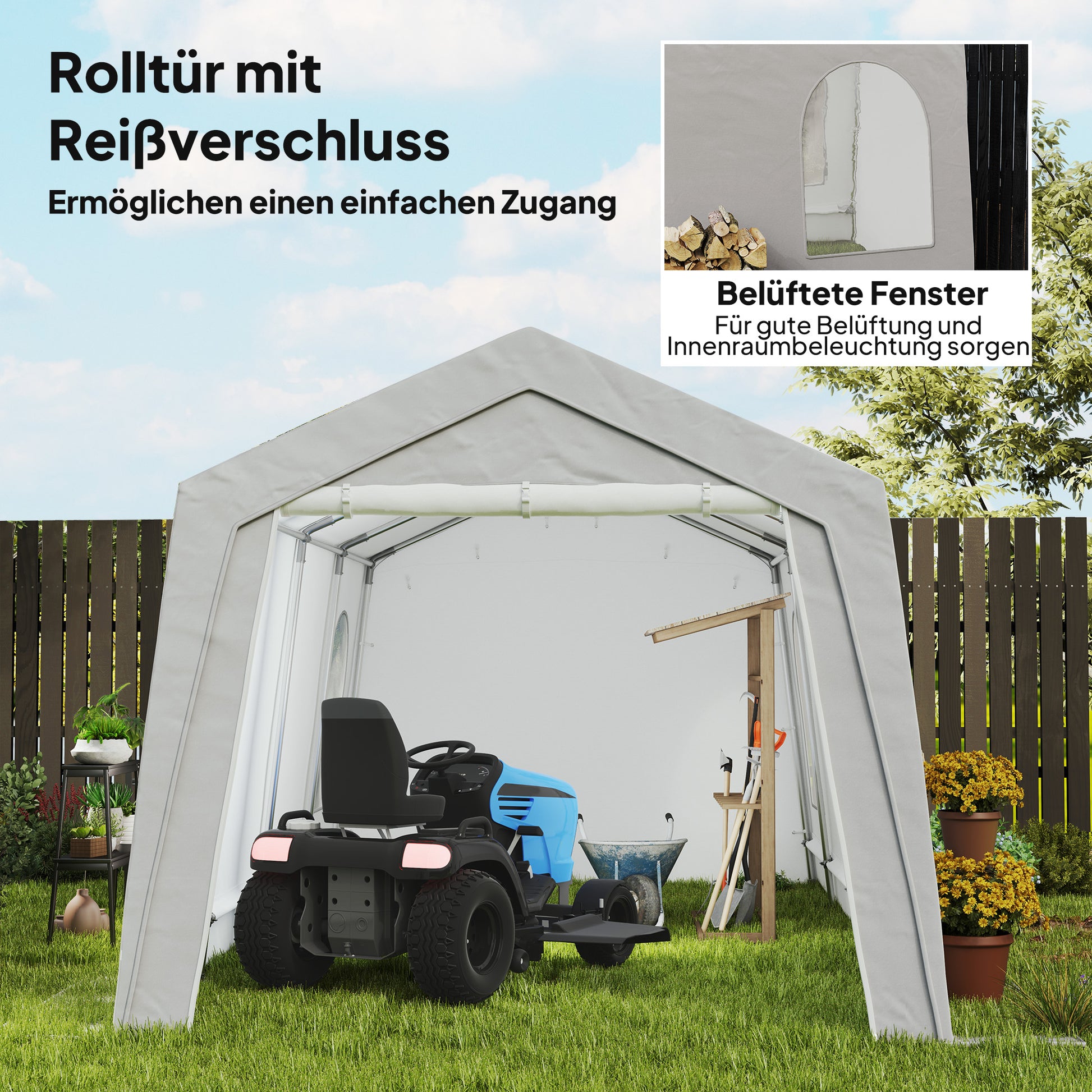 Garage Tent, Waterproof Storage Tent with Doors, Windows, Anti-Dust Bike Cover, Equipment House, Equipment Tent Shed for Outdoor, Patio, Garden, approx. 300 x 600 x 250 cm, Light gray