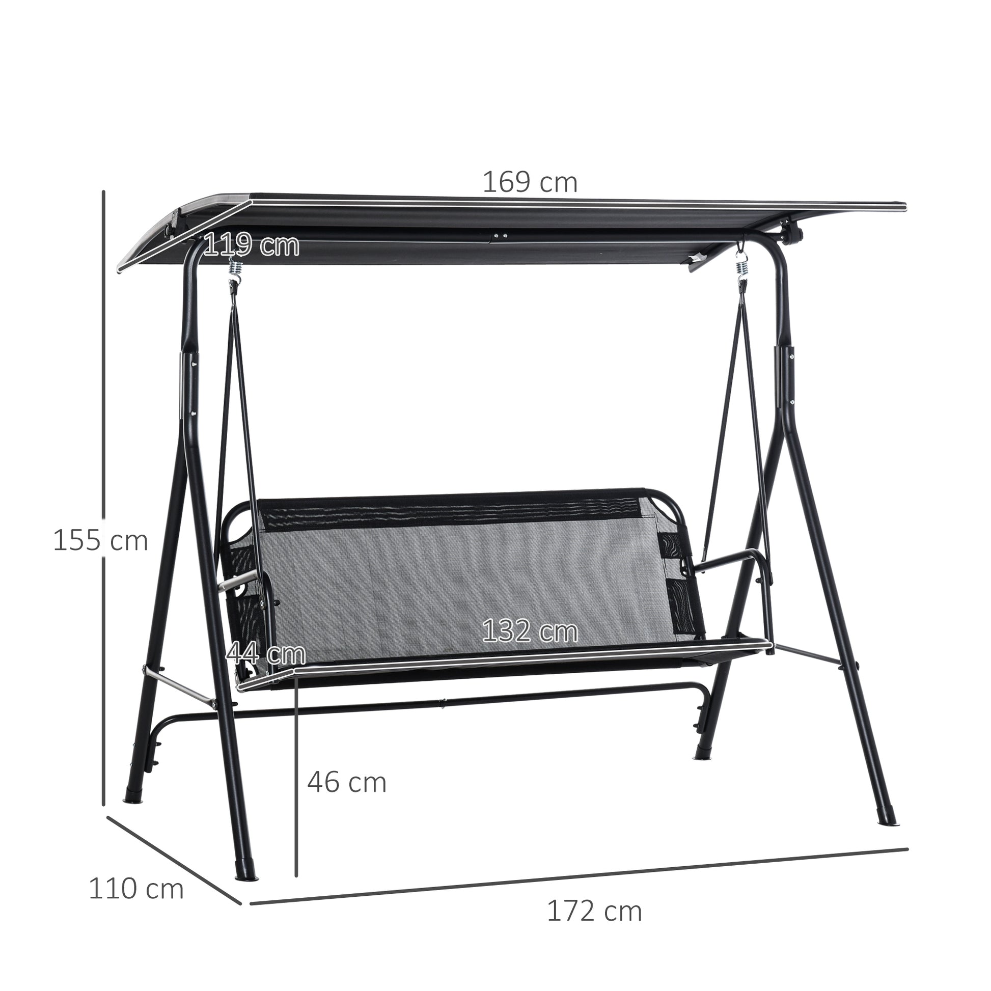 2-Seater Hollywood Swing Chair Outdoor Lounger UV-Resistant High-Quality Metal Tube Adjustable Angle Black