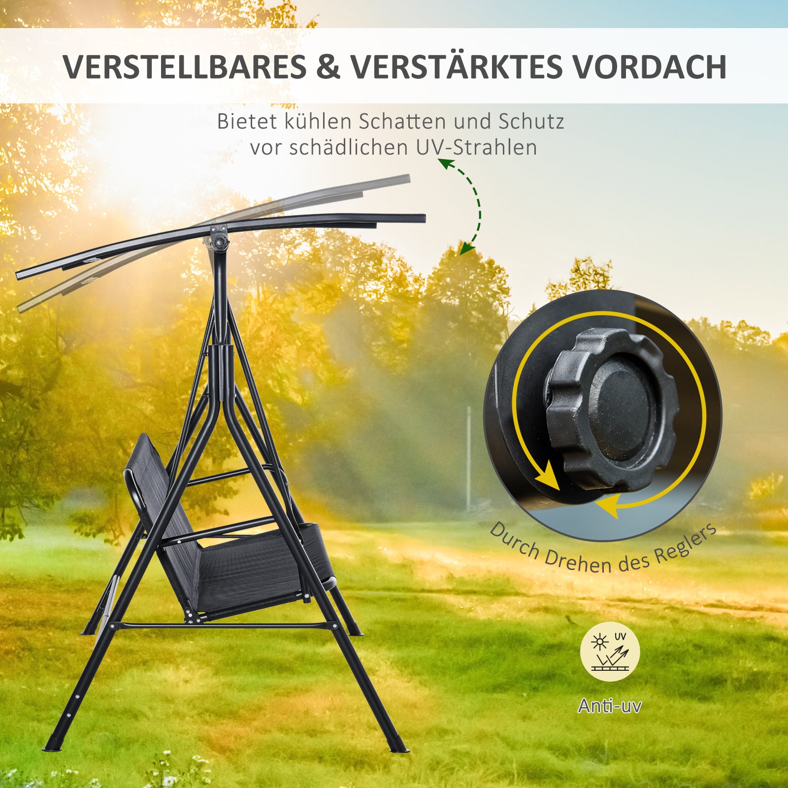 2-Seater Hollywood Swing Chair Outdoor Lounger UV-Resistant High-Quality Metal Tube Adjustable Angle Black