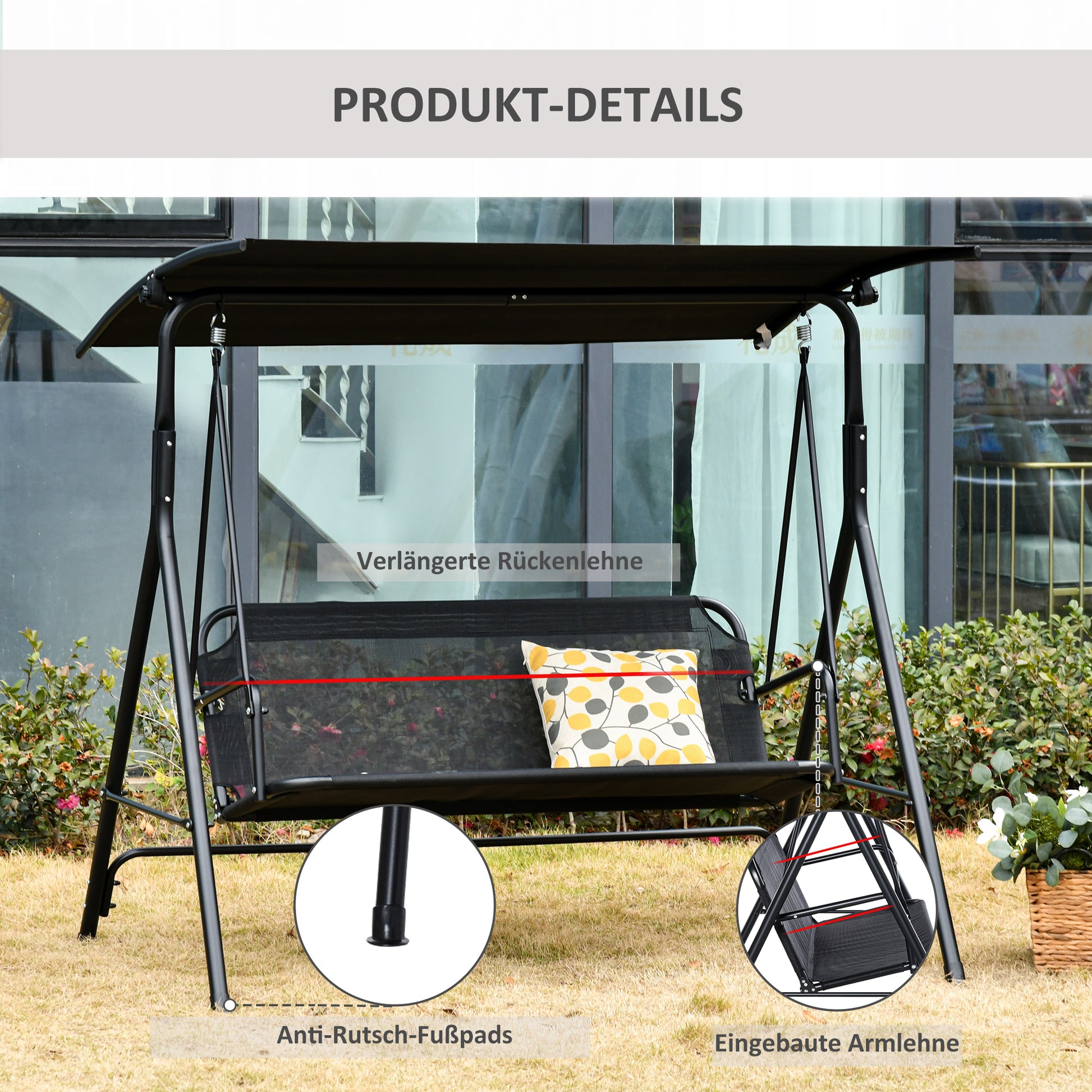 2-Seater Hollywood Swing Chair Outdoor Lounger UV-Resistant High-Quality Metal Tube Adjustable Angle Black