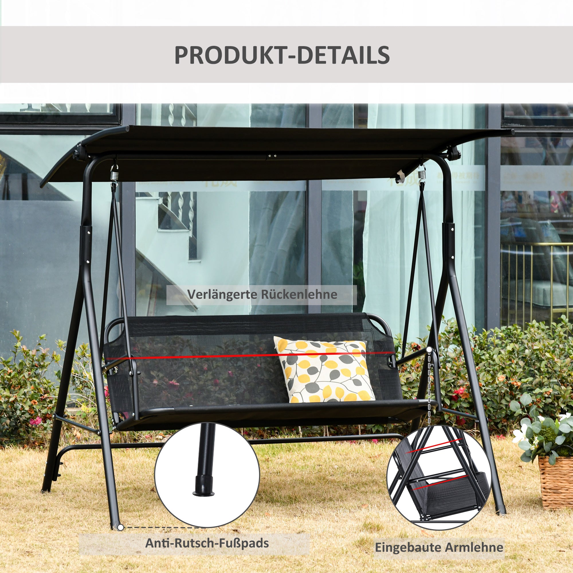 2-Seater Hollywood Swing Chair Outdoor Lounger UV-Resistant High-Quality Metal Tube Adjustable Angle Black