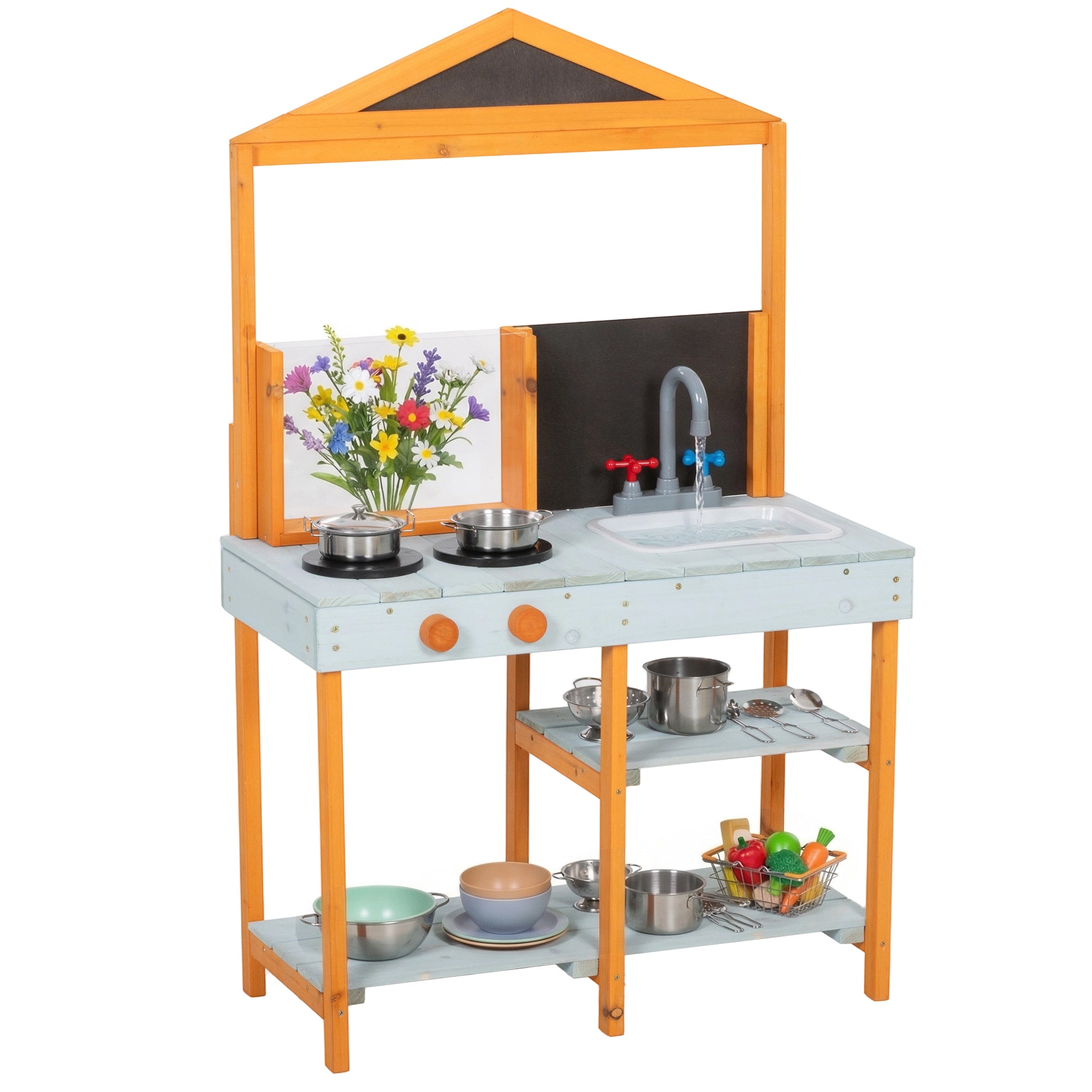 Mud Kitchen Outdoor Play Kitchen, Wooden with Stove, Removable Sink & Shelves—Includes 4 Stainless Bowls & 3 Shovels, Ages 3–8, Light Blue