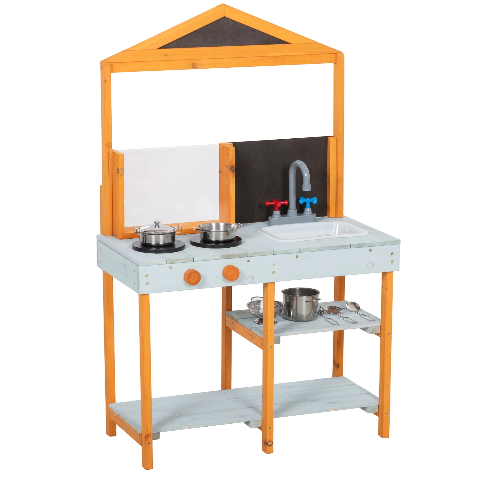 Mud Kitchen Outdoor Play Kitchen, Wooden with Stove, Removable Sink & Shelves—Includes 4 Stainless Bowls & 3 Shovels, Ages 3–8, Light Blue