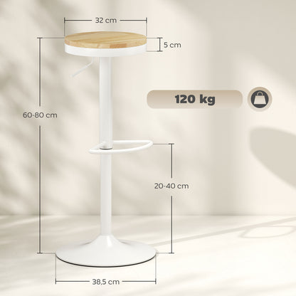 Set of 2 Adjustable 360° Swivel Bar Stools – Natural Wood Seat & White Steel Frame