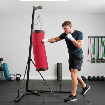 SPORTNOW Boxing Bag with Stand for Adults, Adjustable Height 185–231 cm (73–91 in), Triangular Base, Canvas Punching Bag, 1 in Weight Plate Posts, Home Gym Fitness Training, Red